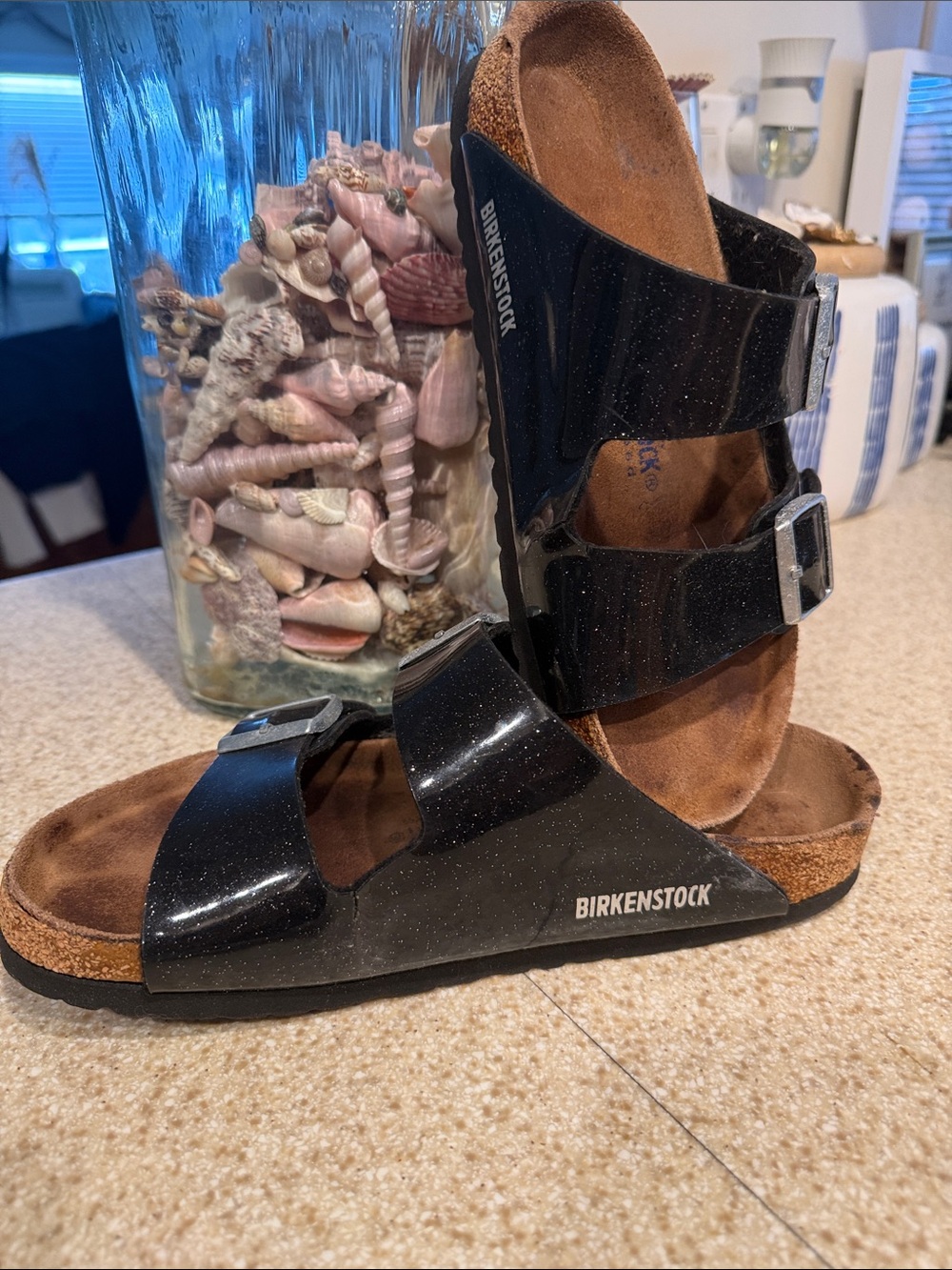 Birkenstock Black Sparkle Two-Strap Sandals-used still has a lot of life in them